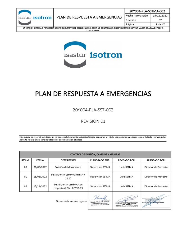 20Y004-PL-SSTMA-002 Plan de Respuesta A Emergencias V02, PDF, Riesgo