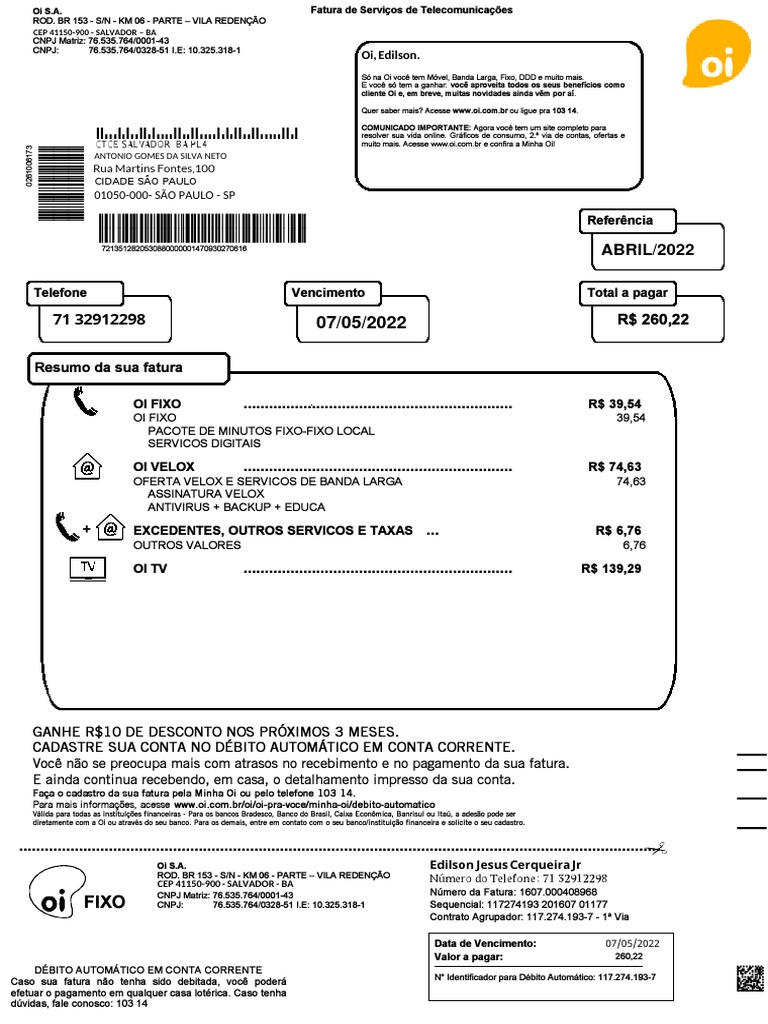 Fatura de serviços de telecomunicações residenciais da Oi referente aos ...
