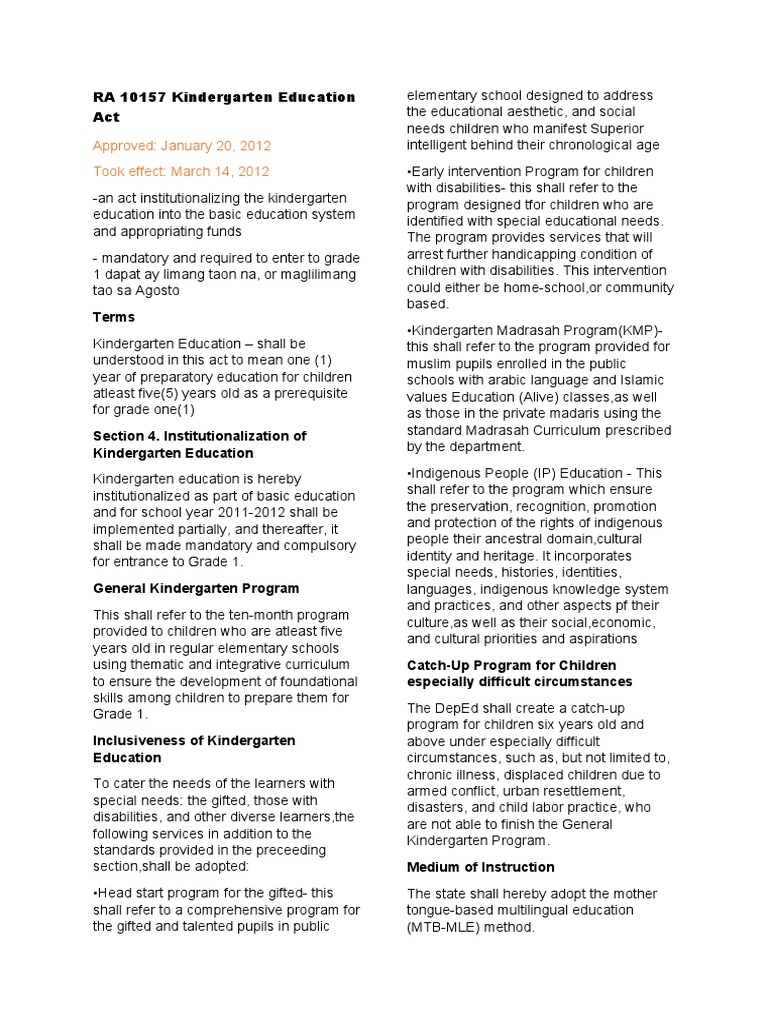 Ra 10157 The Kindergarten Education Act Of 2011 Section 5