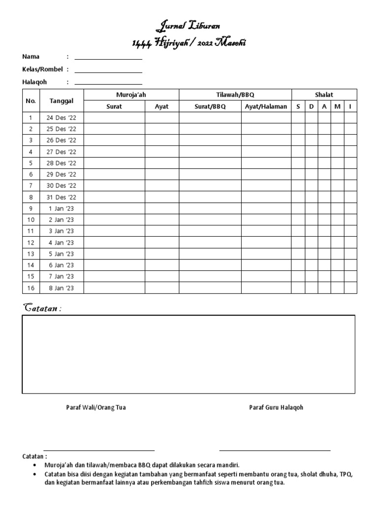 Jurnal Liburan Sekolah 1444 H | PDF