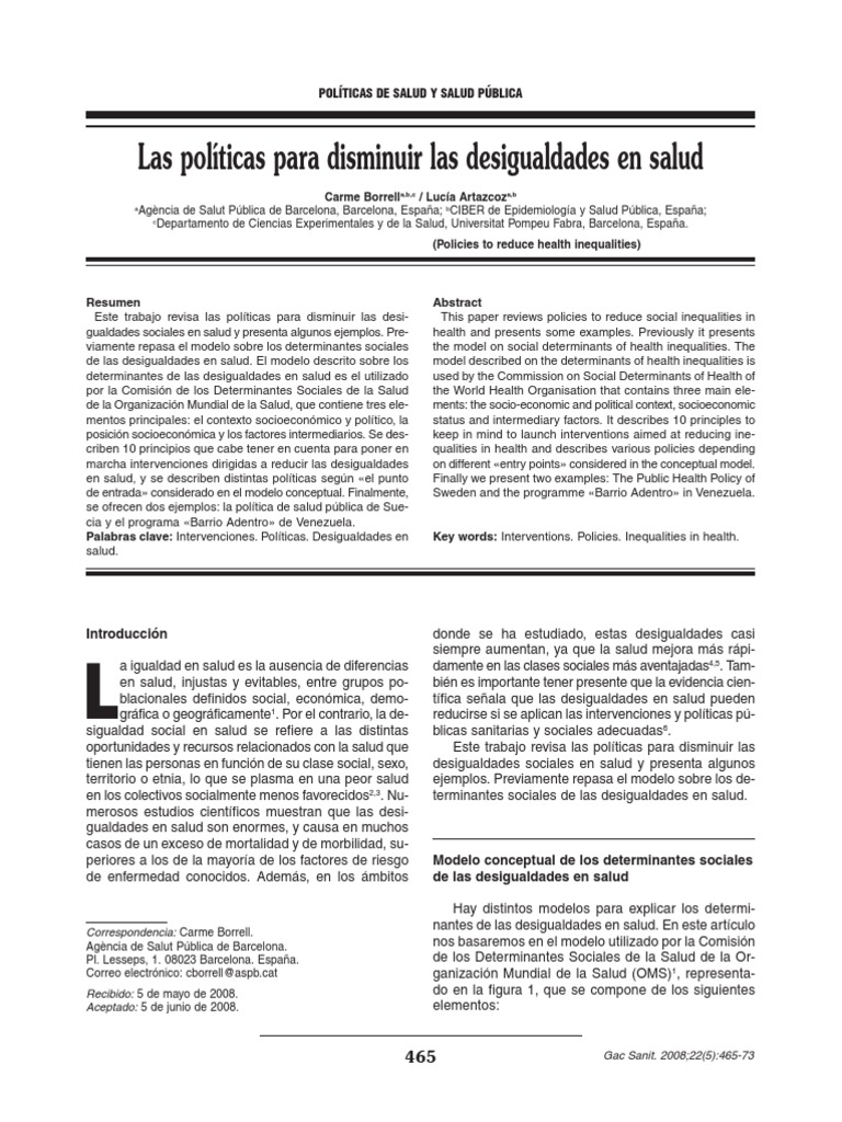 Lectura. Políticas para Disminuir Las Desigualdades en Salud | PDF ...