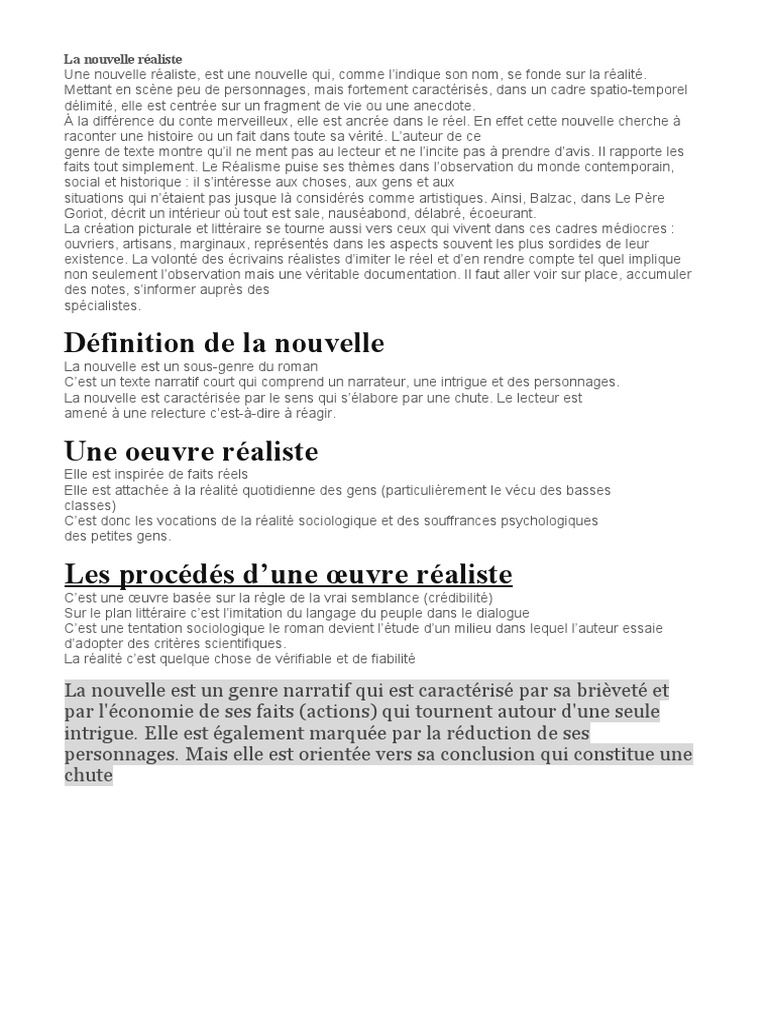 Définition et caractéristiques de la nouvelle réaliste | PDF | Réalisme ...