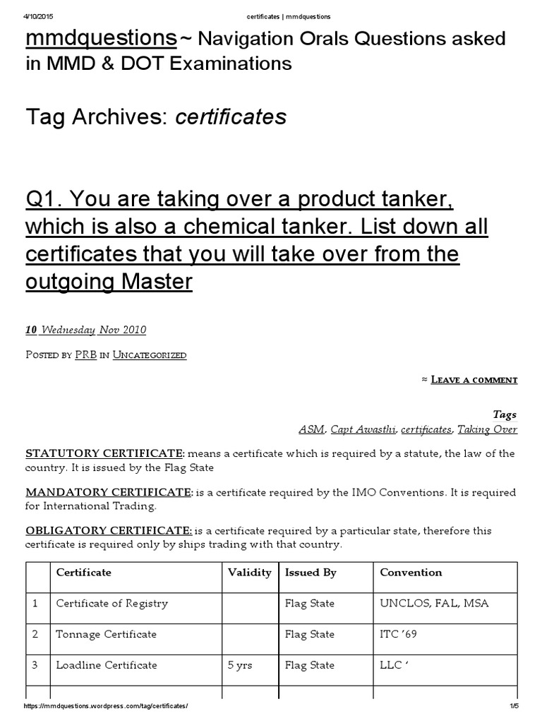 List of certificates required when taking over command of a product