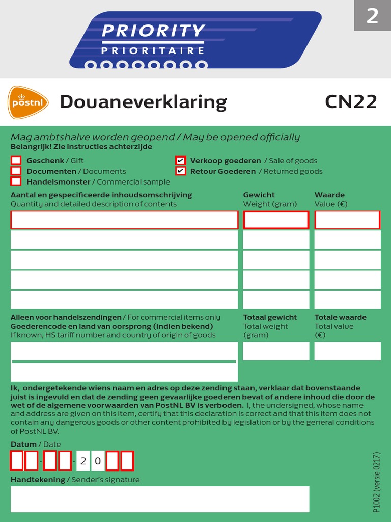 Douaneverklaring Postnl cn22 PDF