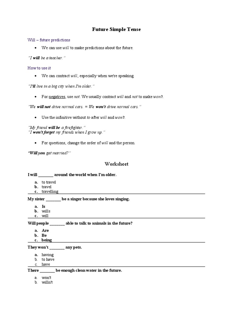 Future Simple Tense Worksheet PDF Linguistics