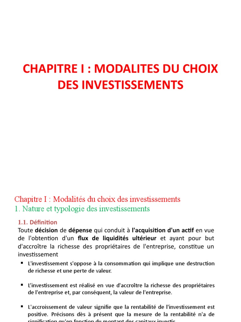 Modalités du choix d'investissement | PDF | Investir | Valeur actuelle ...
