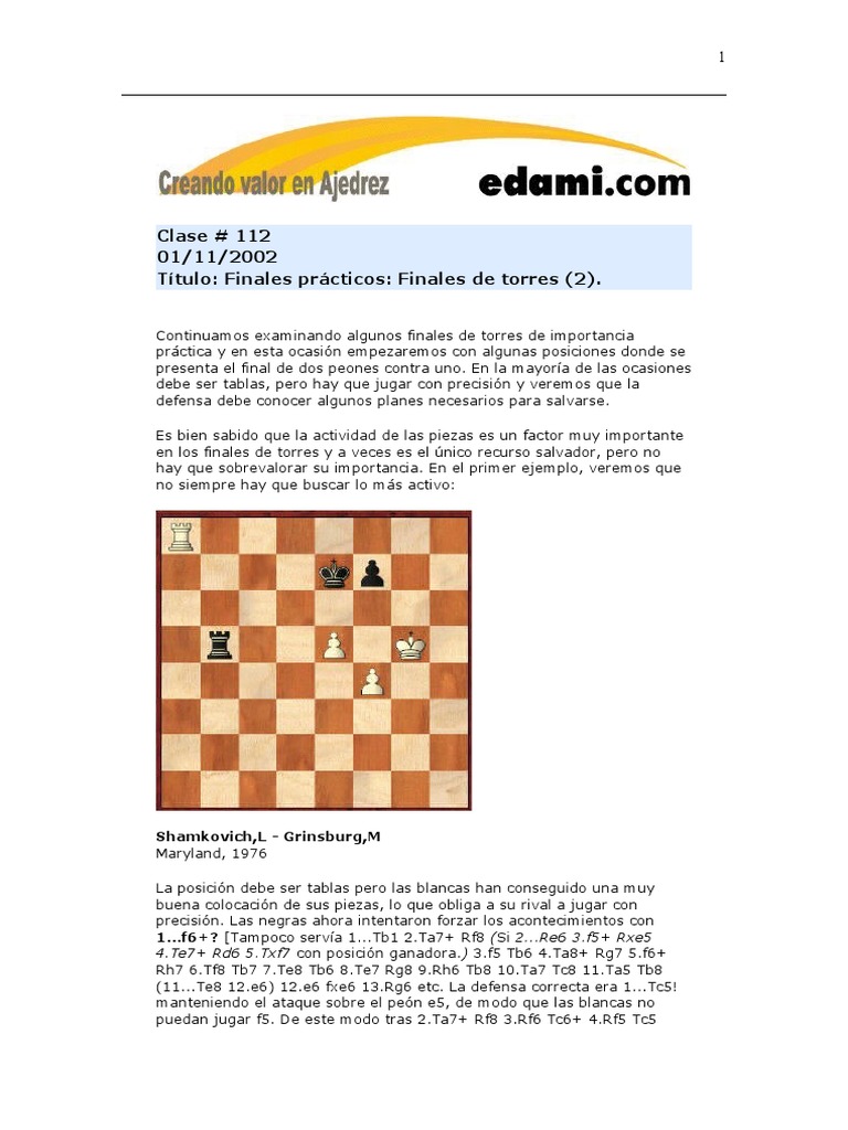 Finales de Torres en Ajedrez PDF | PDF | Teoría del ajedrez | Ajedrez