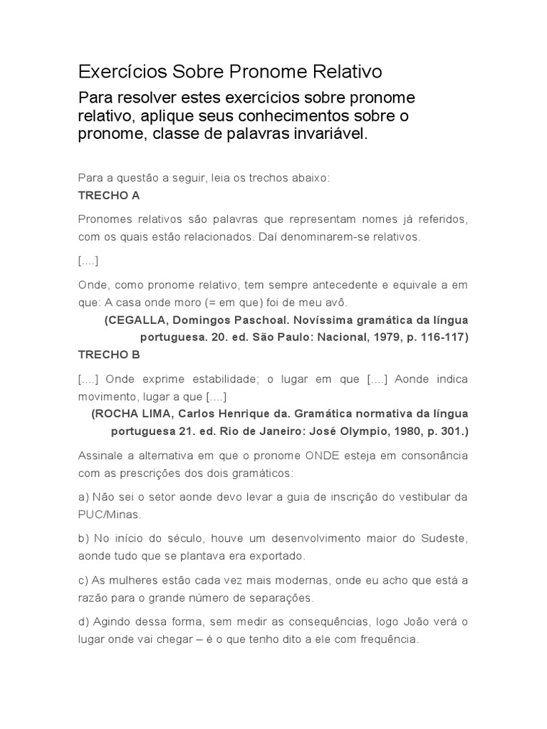 Exercícios de Pronome Relativo | PDF | Filosofia