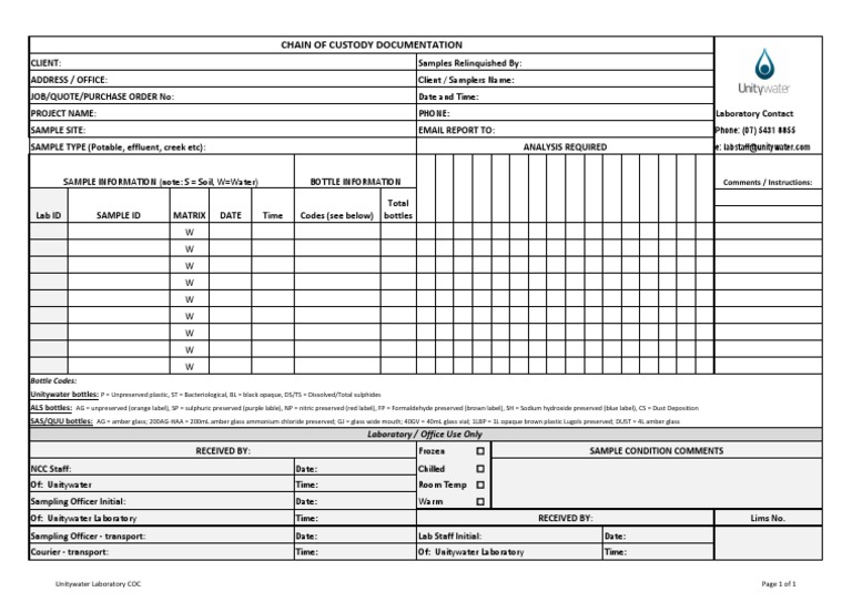 Unitywater Chain of Custody Form | PDF | Chemical Compounds | Materials