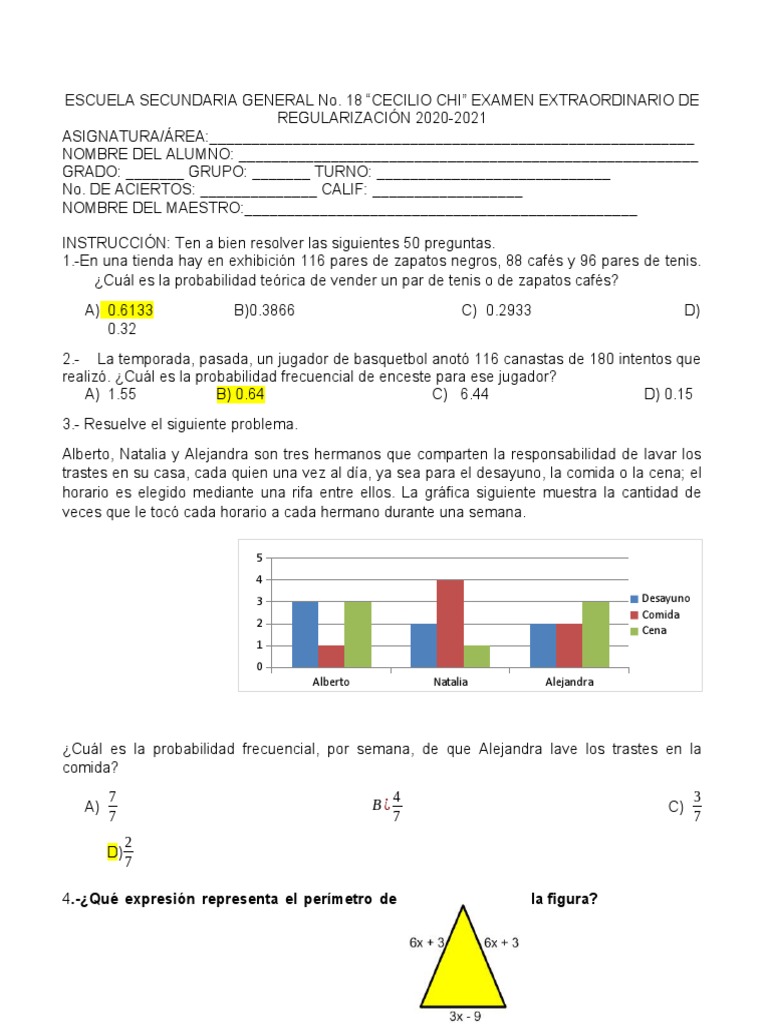 Examen Extraordinario de Evaluación. 2020-2021. Matemáticas 2. | PDF ...