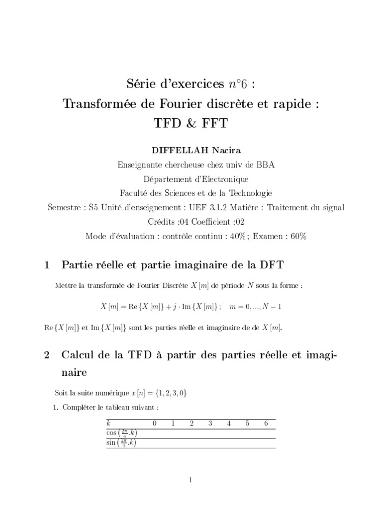 Exercices sur DFT et FFT | PDF | Transformation de Fourier discrète ...