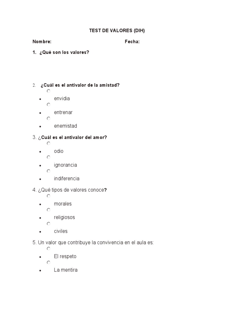 Test de Valores para Niños | PDF | Crecimiento personal y profesional