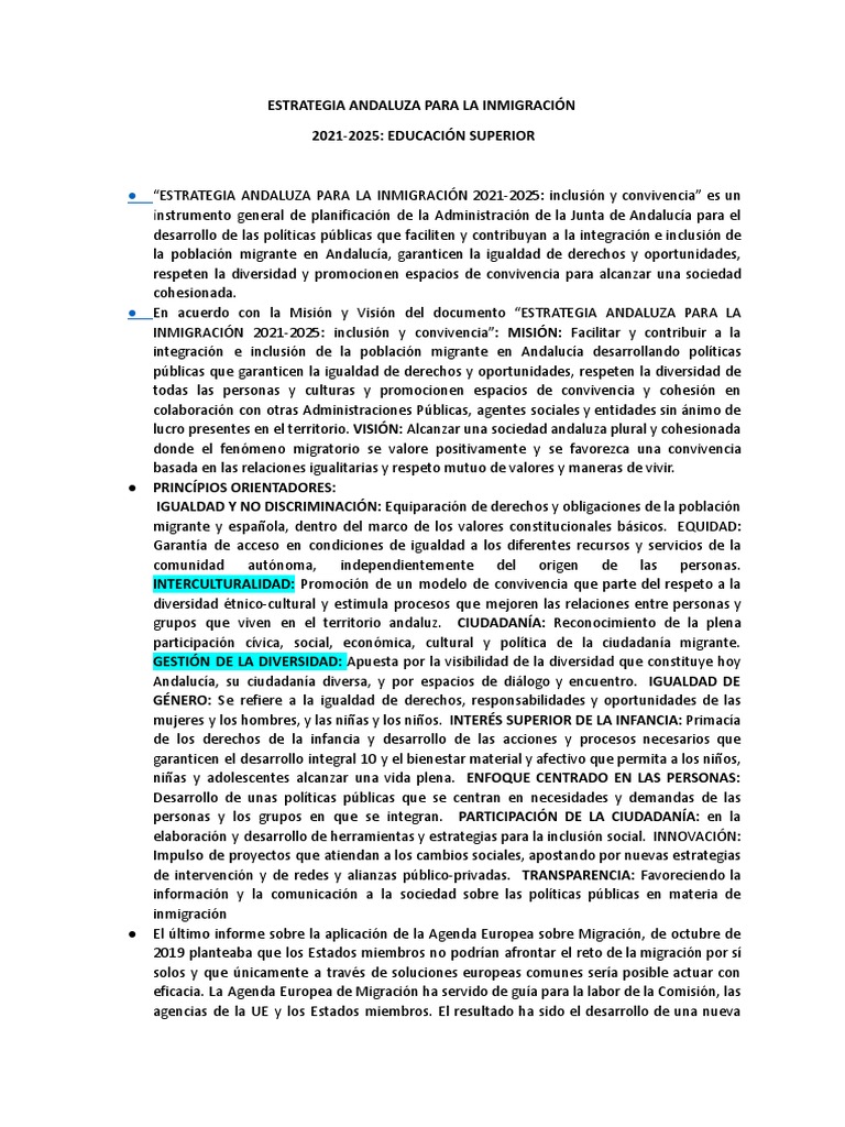 Estrategia Andaluza Para La Inmigración 20212025 PDF Inclusión