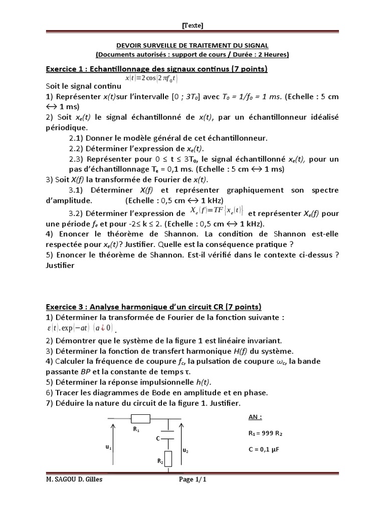Devoir sur le traitement du signal | PDF