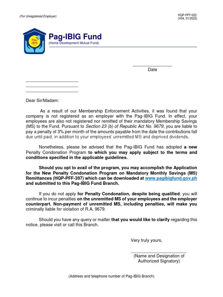 PFF022 LetterEmployerPenaltyCondonationUnregistered V04 | PDF | Justice ...