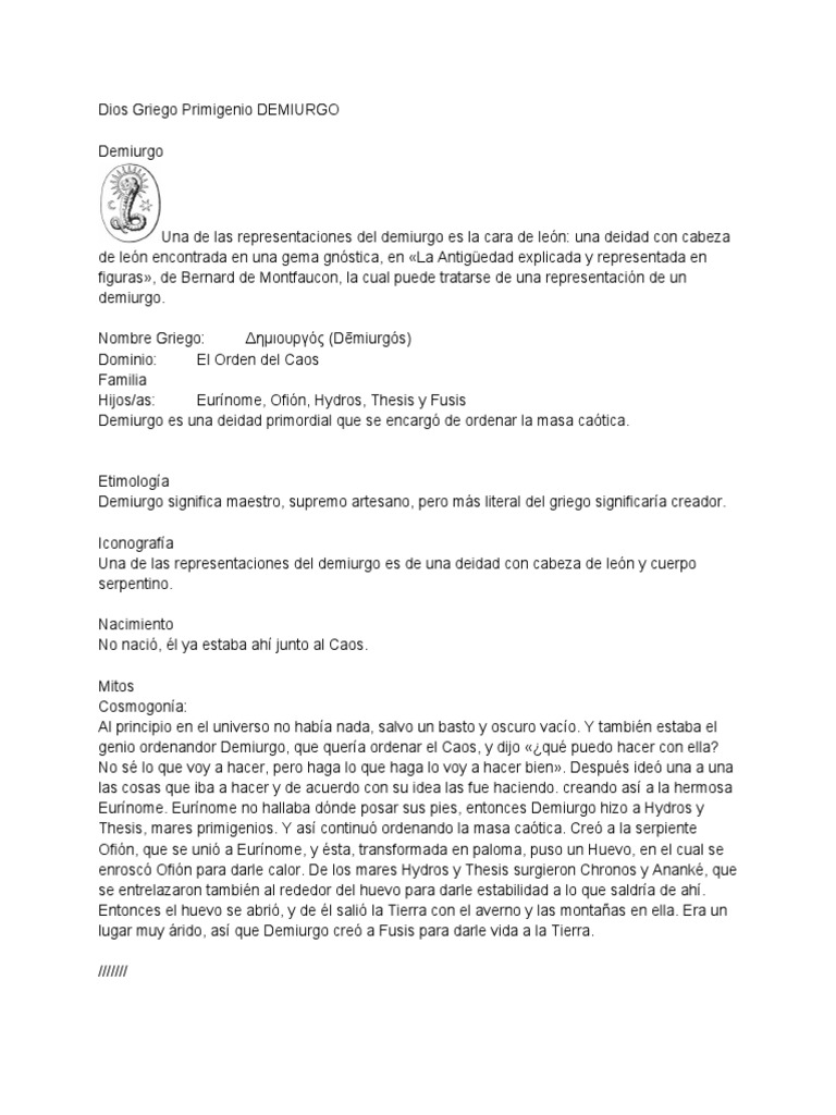 Dios Griego Primigenio DEMIURGO | PDF | Filosofía griega antigua ...