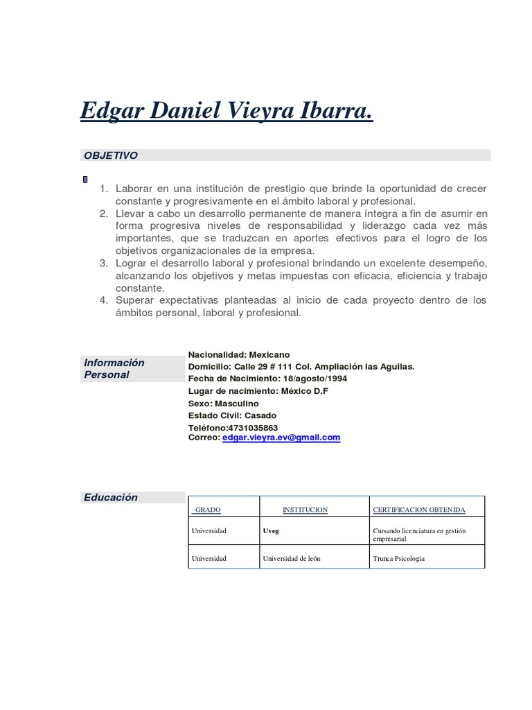 Edgar Daniel Vieyra Ibarra. Objetivo PDF Business Economias
