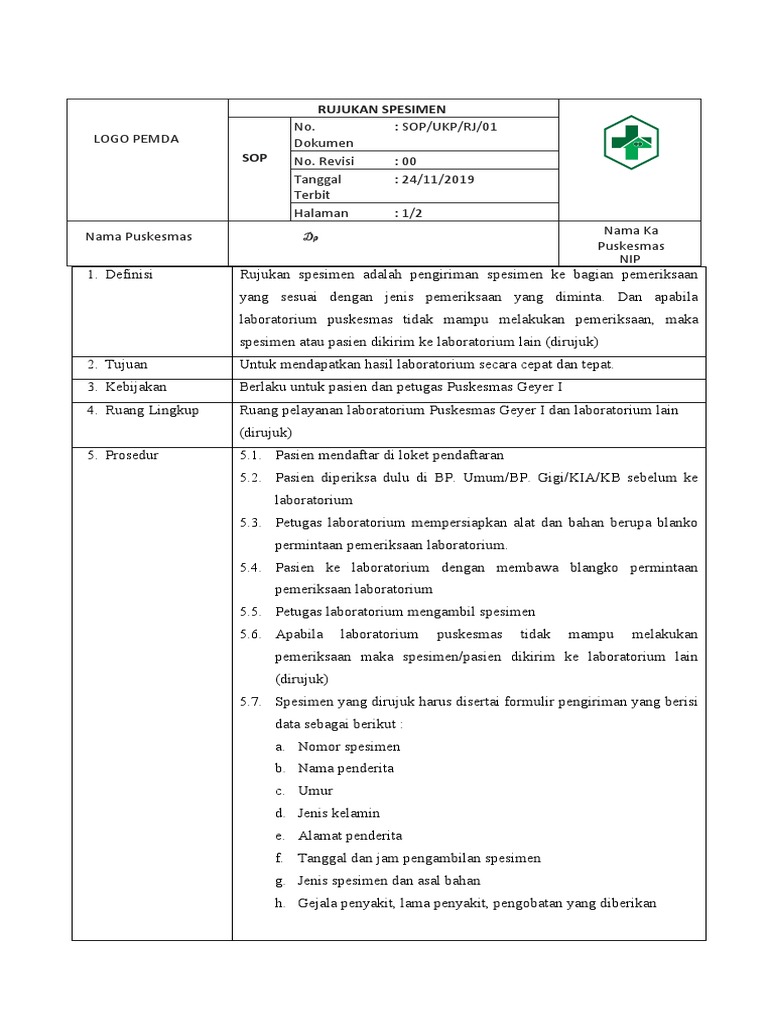 SOP Rujukan Spesimen Puskesmas Geyer I | PDF