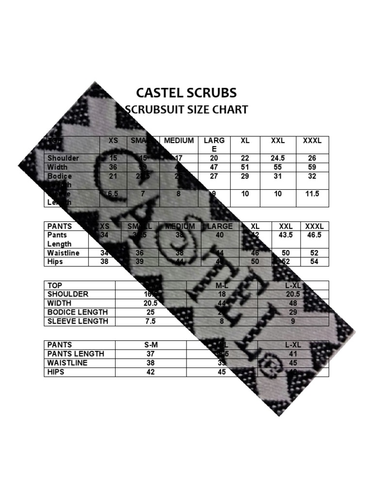 Castel Scrubs Size Chart Guide | PDF