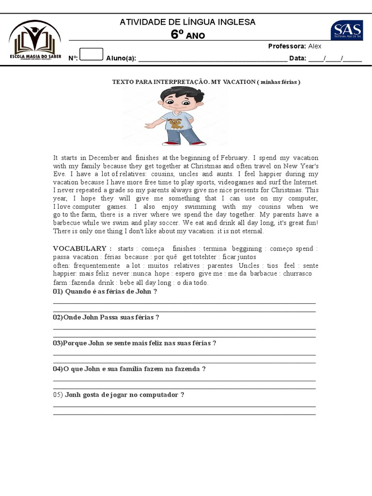 6° Ano - Inglês-Interpretação - Atividade | PDF