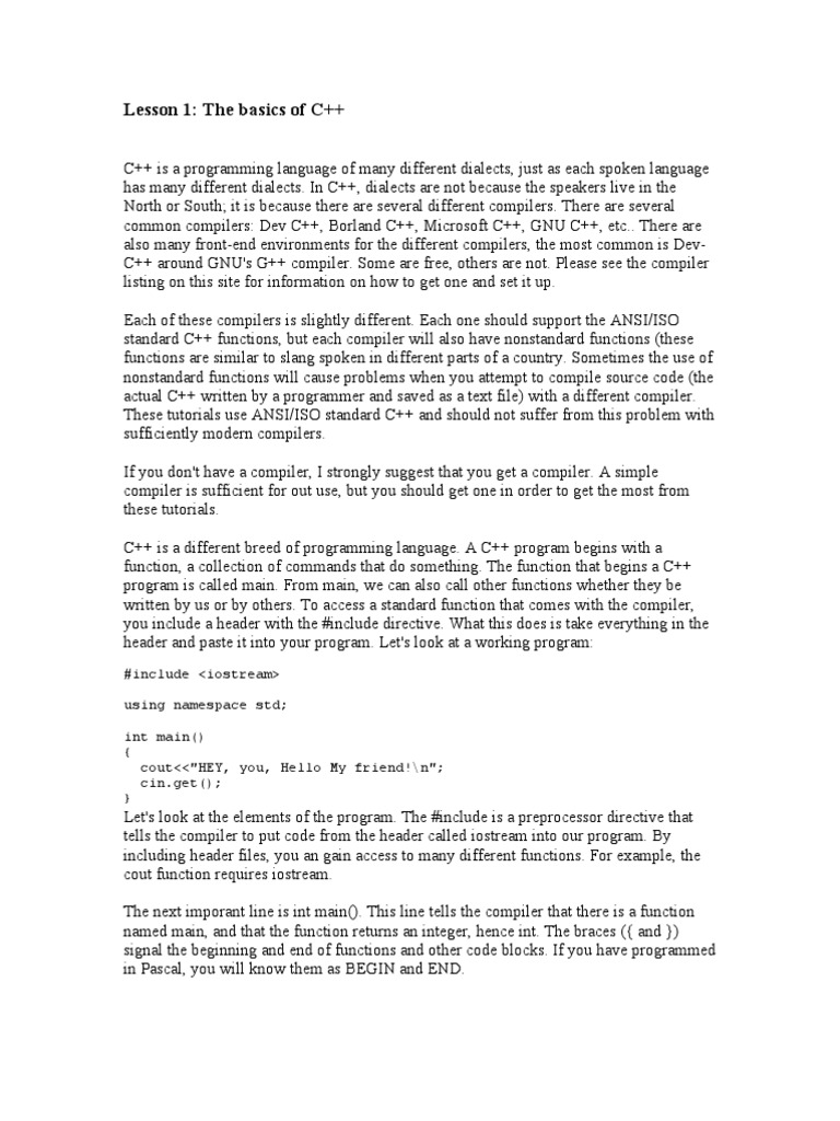 Lesson 1: The Basics of C++ | PDF | Pointer (Computer Programming ...