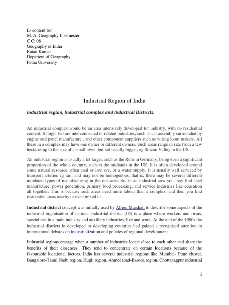 name the major industrial regions of the world and india