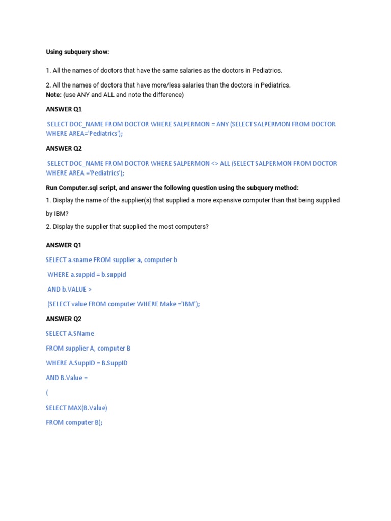 Comparing Salaries and Supplier Values Using Subqueries PDF