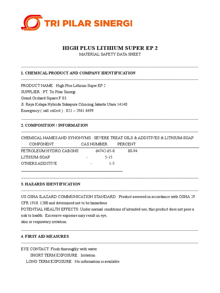 MSDS Grease High Plus EP2 by PT. TPS PDF Toxicity Waste Management