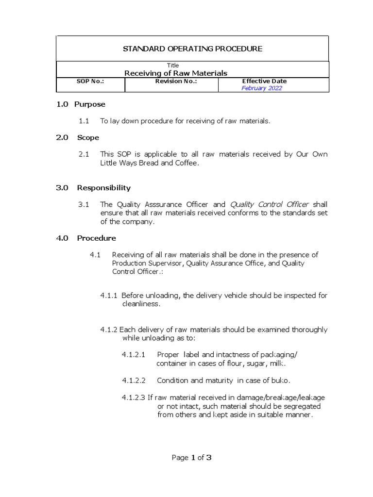 SOP For Receiving of Raw Materials PDF Business Process Business