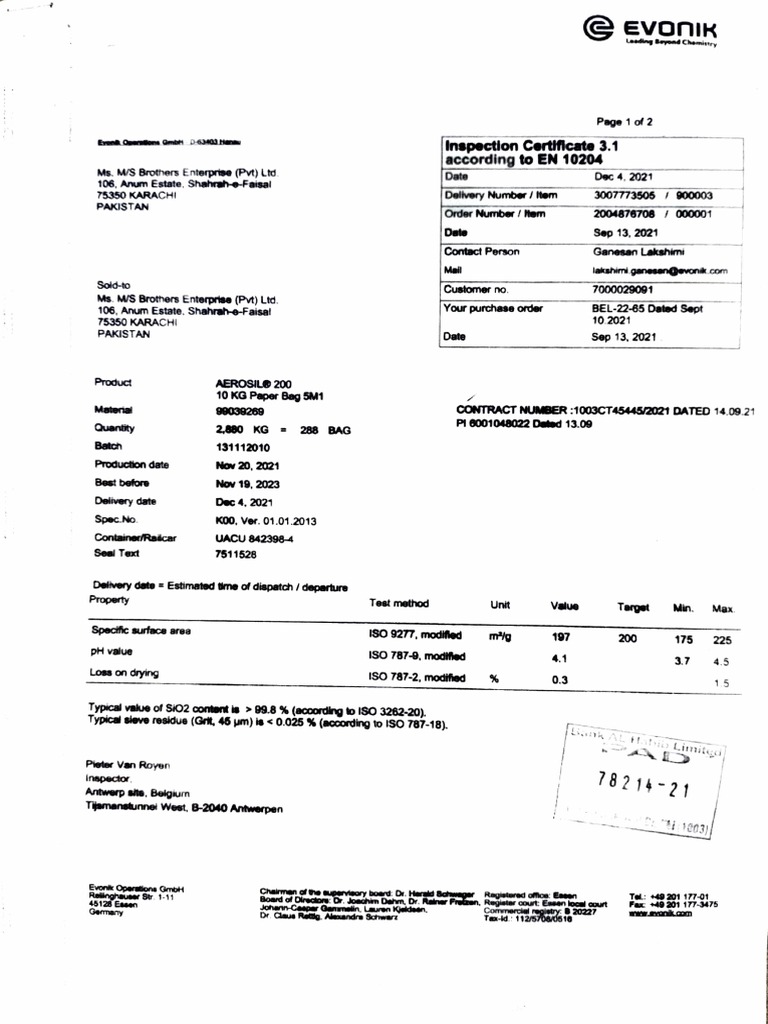 Aerosil 200 COA | PDF