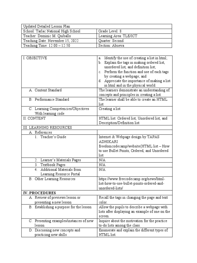 HTML Lists Lesson Plan for Grade 8 | PDF | Html Element | Html