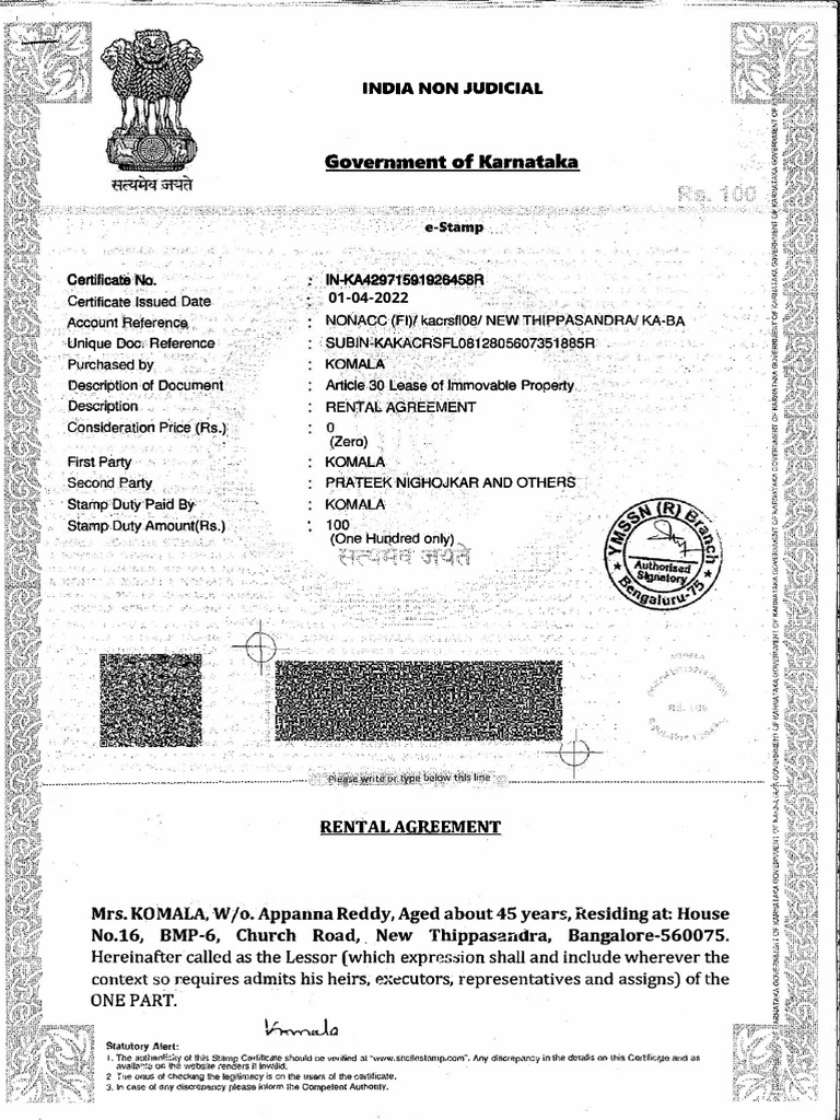 Karnataka Rental Agreement Format | PDF | Lease | Landlord–Tenant Law