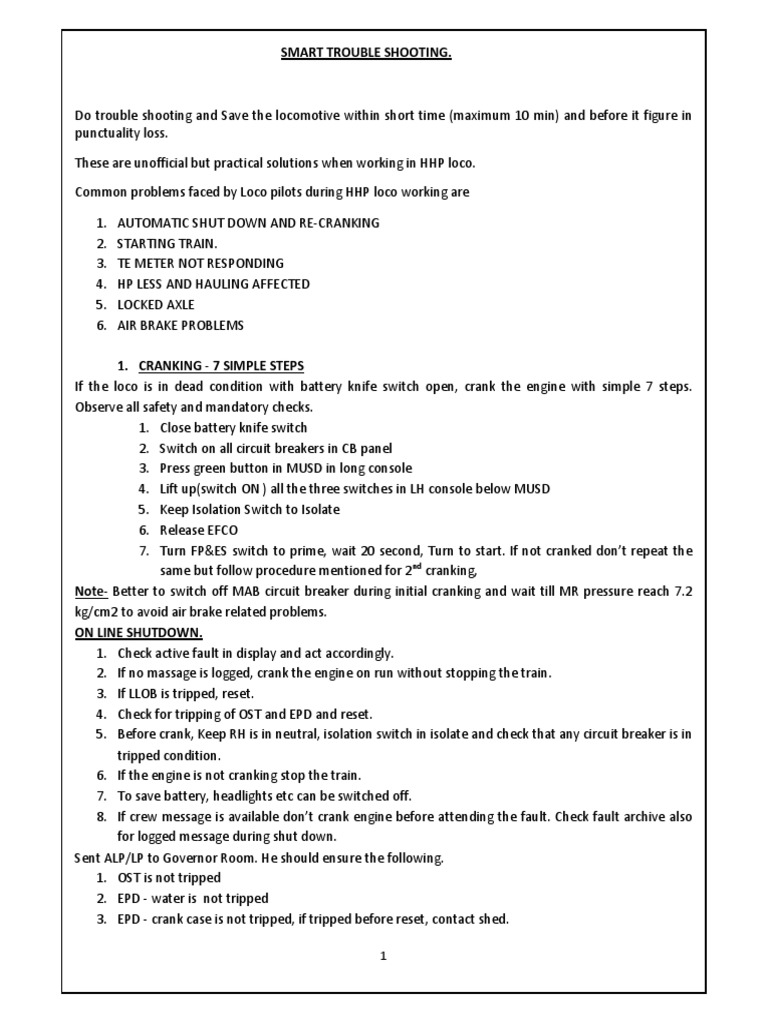 HHP Loco Trouble Shooting PDF Electric Motor Machines