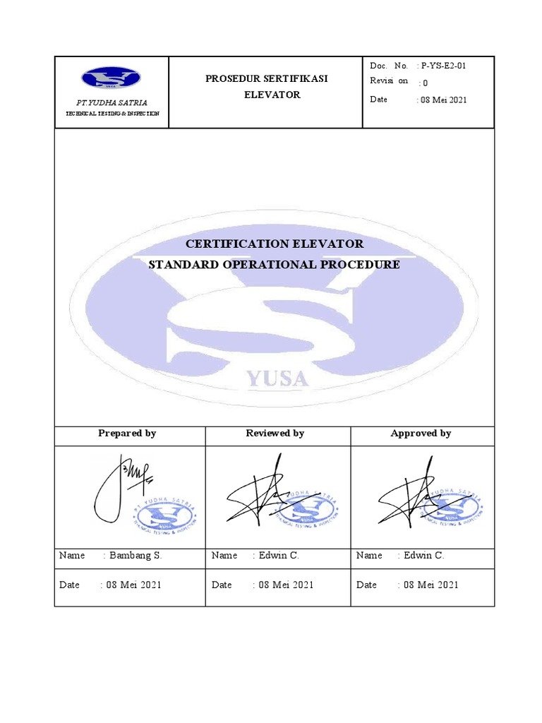 STANDAR OPERATING PROCEDURE UNTUK SERTIFIKASI ELEVATOR PDF