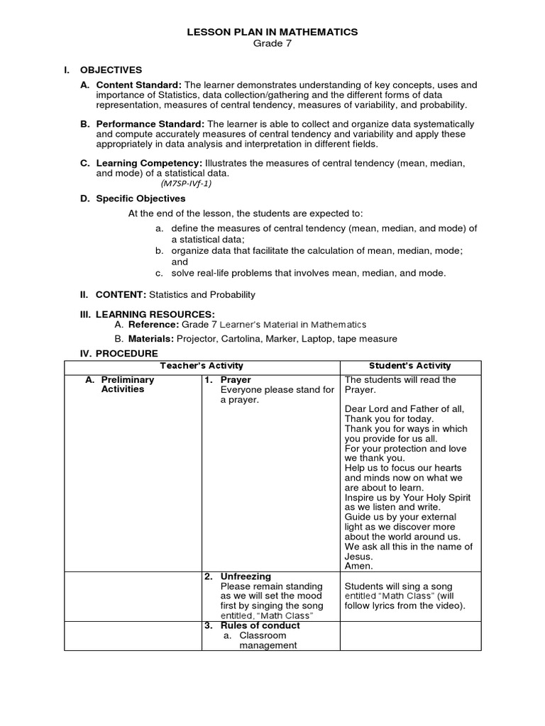 Grade 7 Statistics Lesson Plan | PDF | Mean | Mode (Statistics)