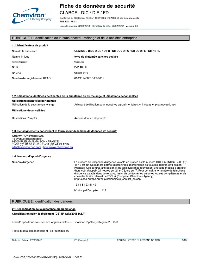 Fiche de sécurité CLARCEL DIC 2018 | PDF | Déchets | Sécurité