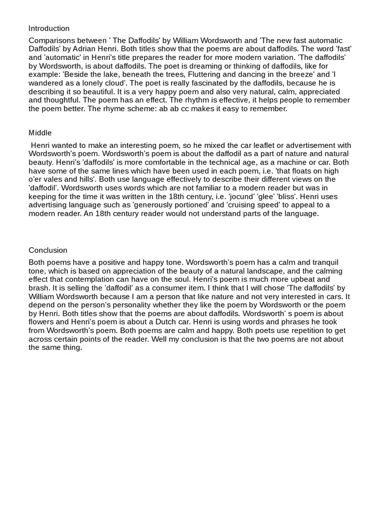 Daffodils Henri Vs Wordsworth PDF Poetry William Wordsworth