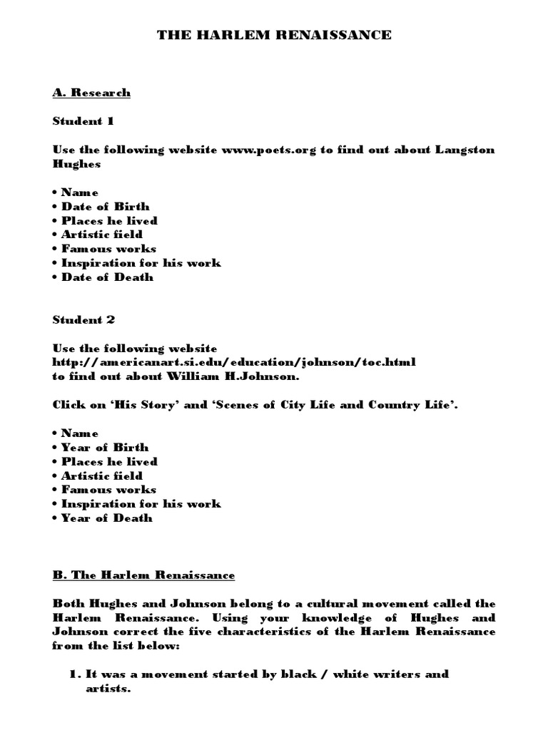 Harlem Renaissance Worksheet 1 PDF Harlem Renaissance Paintings