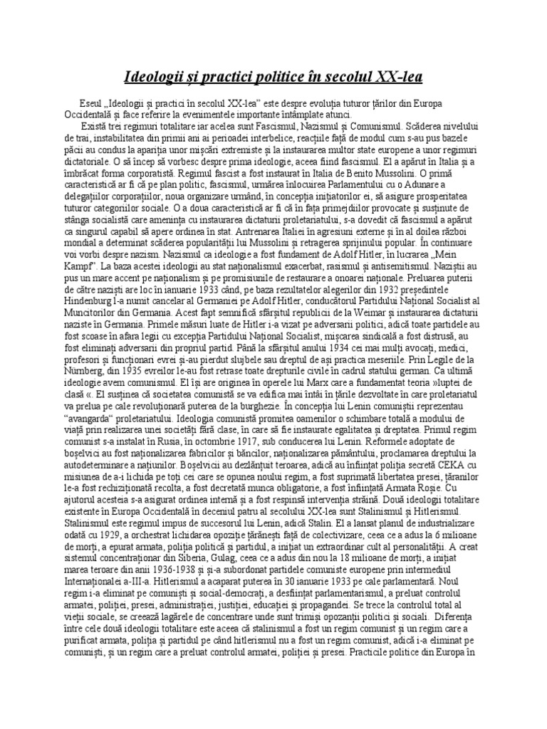 Ideologii Și Practici Politice În Secolul XX | PDF
