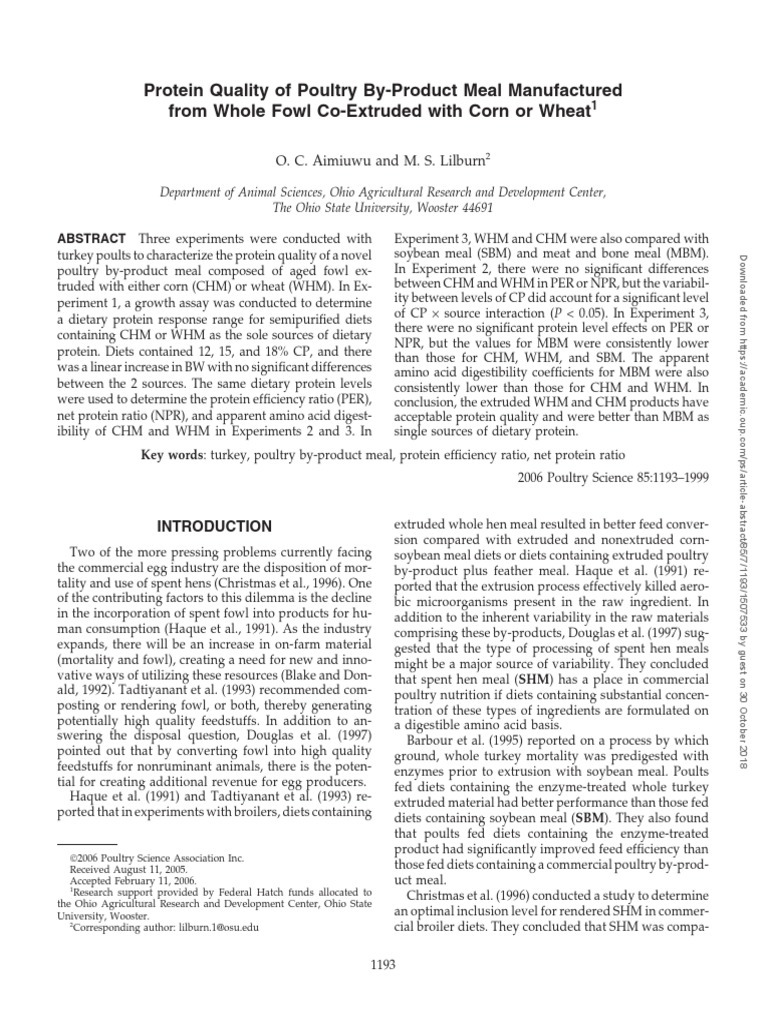 Protein Quality of Poultry ByProduct Meal Manufactured PDF Poultry