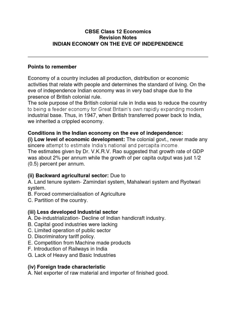 CBSE Class 12 Economics Revision Notes Indian Economy on the Eve of ...