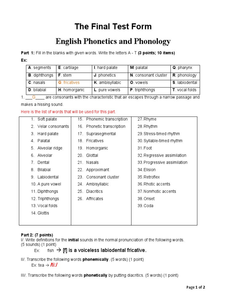 Phonetics and Phonology Test Guide | PDF | Phonetics | Consonant