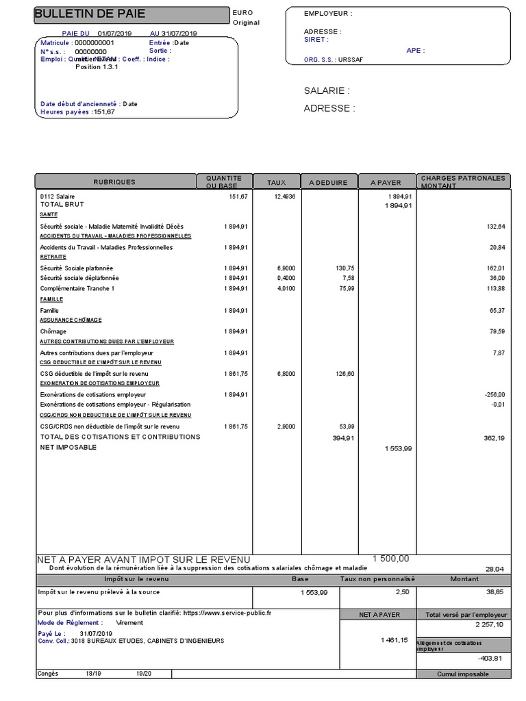Modèle de Bulletin de Paie ETAM | PDF | Impôt sur le revenu | Bulletin ...