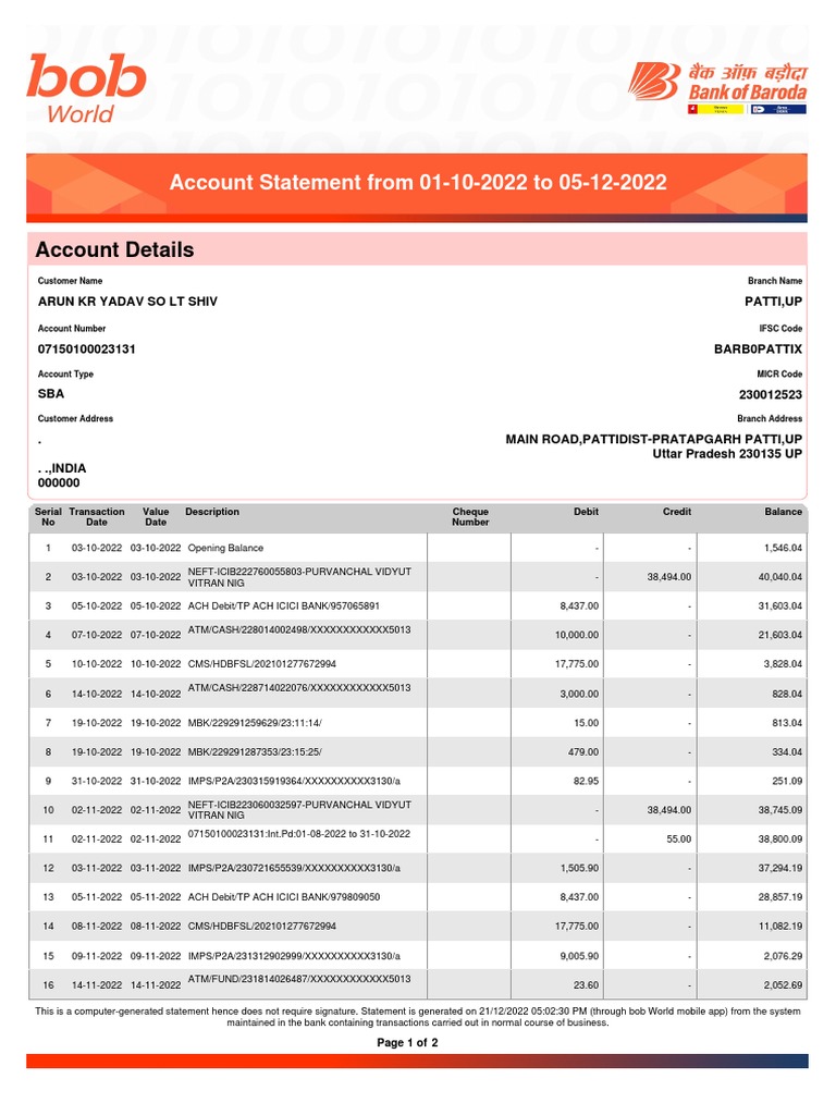 Account Statement: Oct-Dec 2022 | PDF | Debit Card | Banks