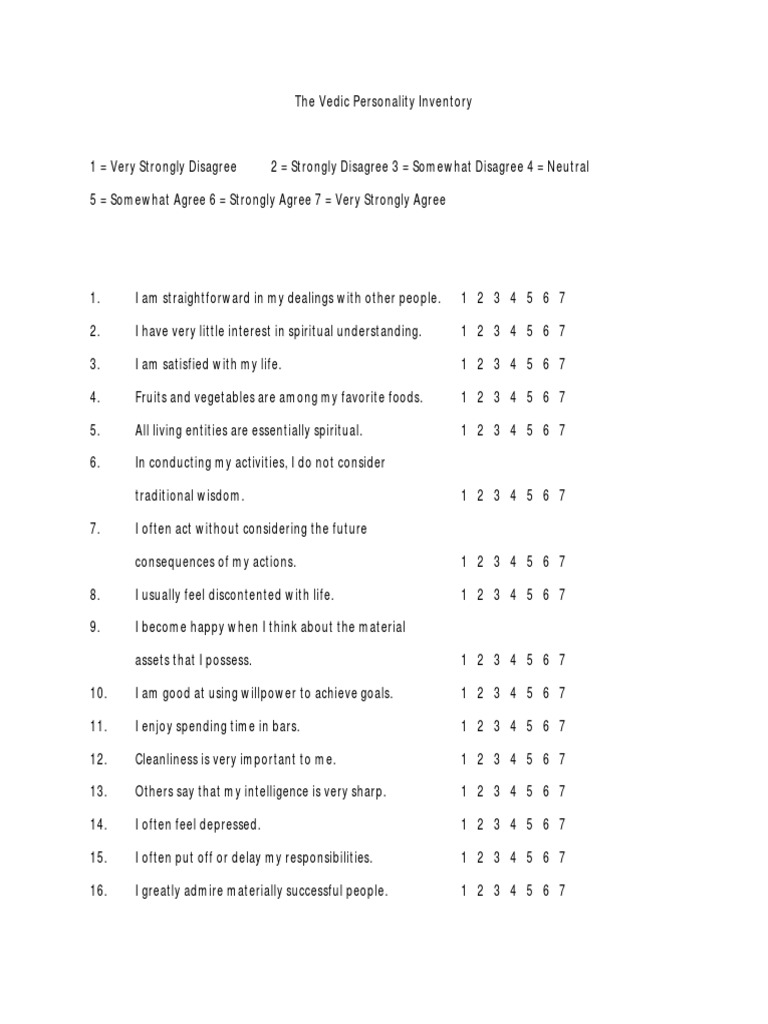 The Vedic Personality Inventory and Scoring | PDF | Psychology ...