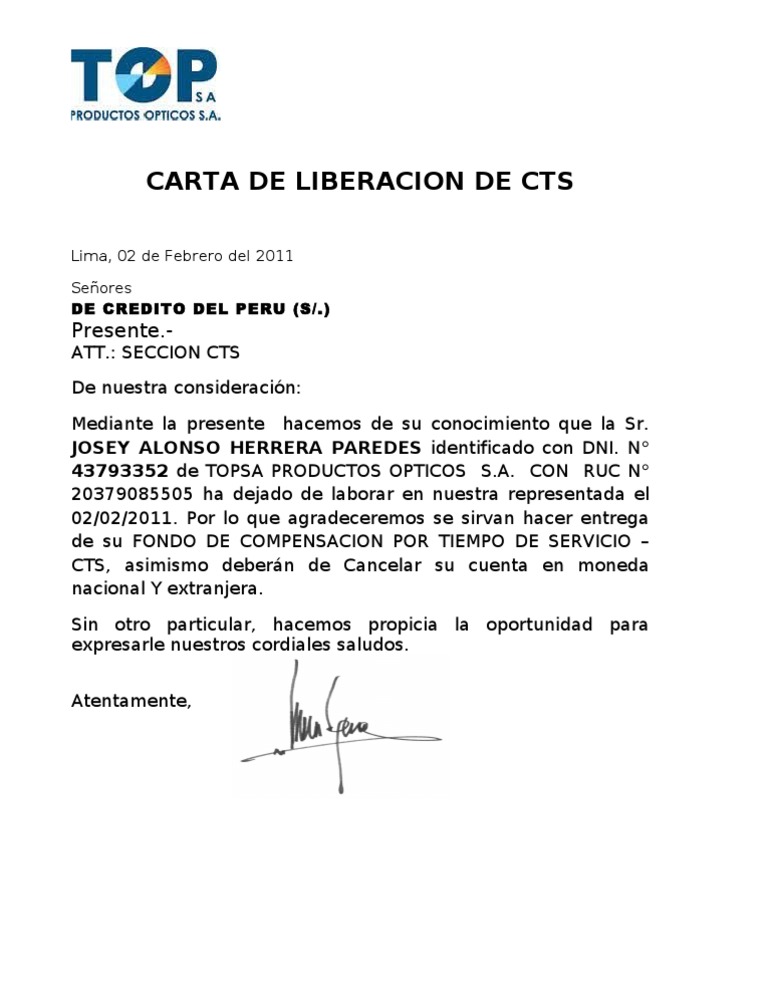 Carta de Liberacion de Cts