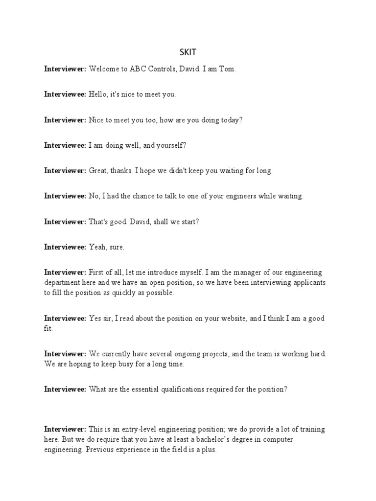 Entry Engineer Interview Skit | PDF | Interview | Cognitive Science
