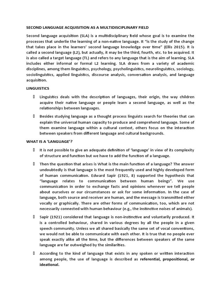 Second Language Acquisition As A Multidisciplinary Field Pdf Second