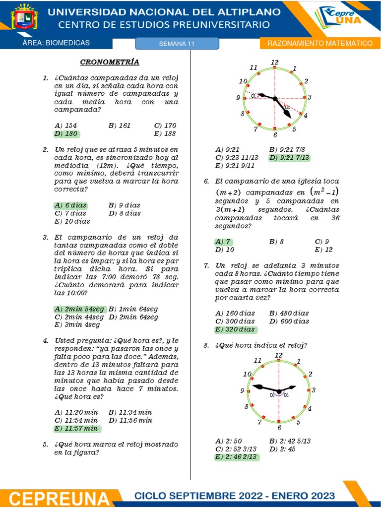 Cuadernillo RM Semana 11 PDF Hora Reloj