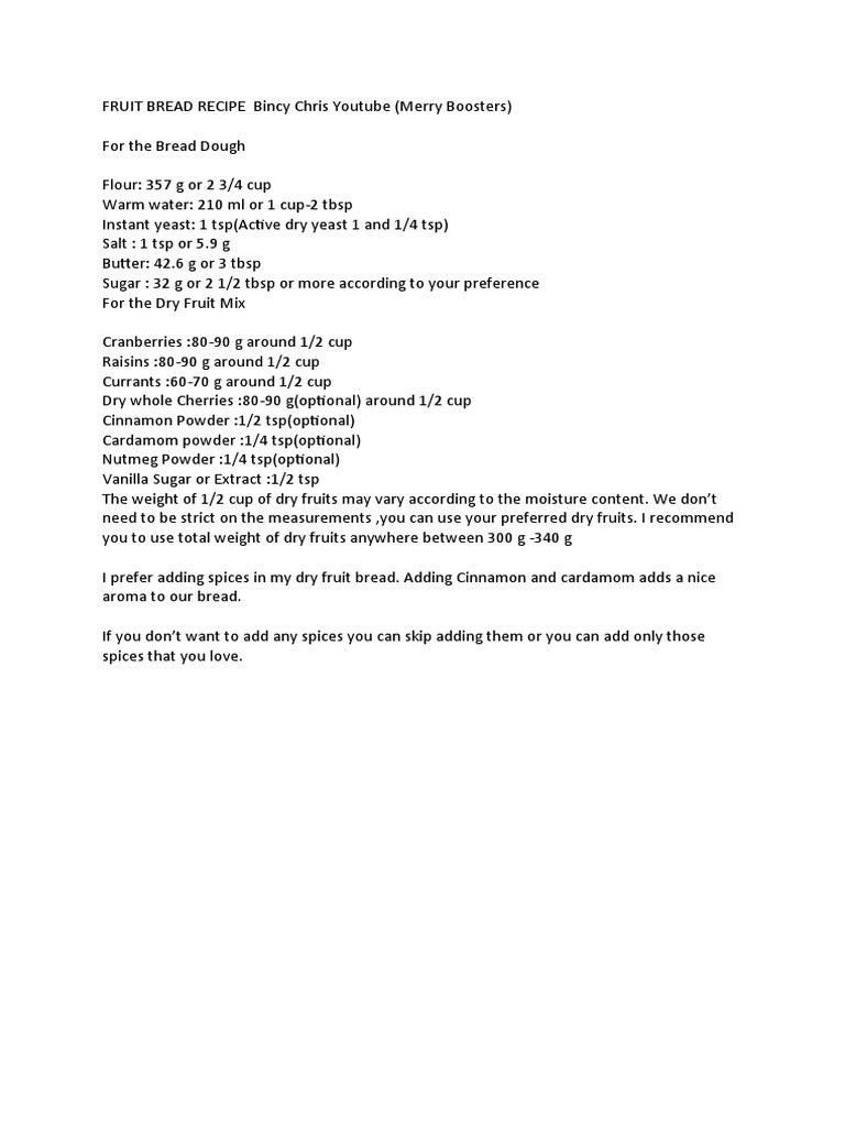 Fruit Bread Recipe Bincy Chris Youtube PDF